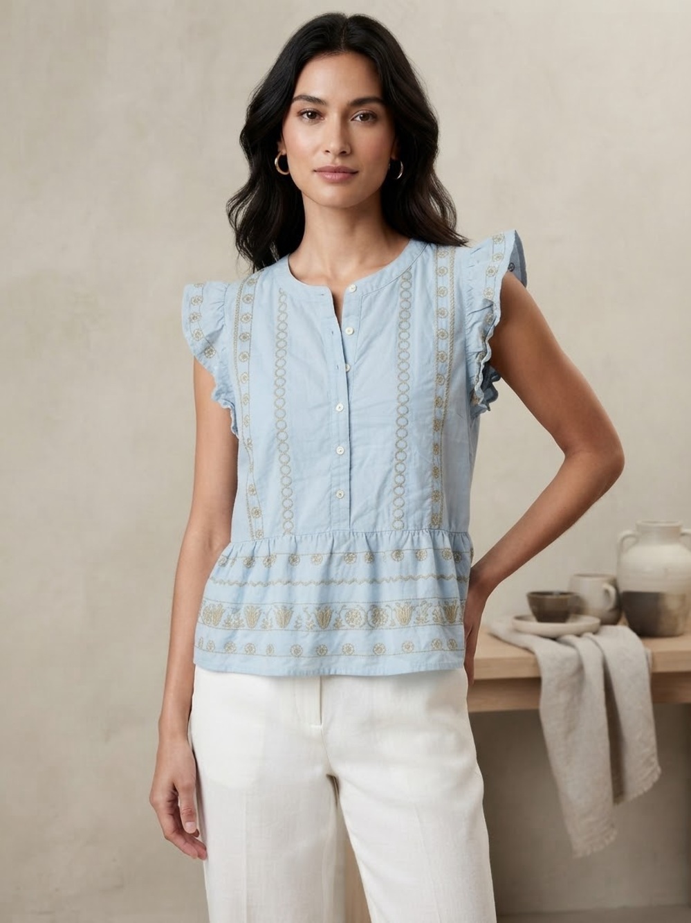 LOFT Pale Blue Embroidered Ruffle-Sleeve Peplum Top